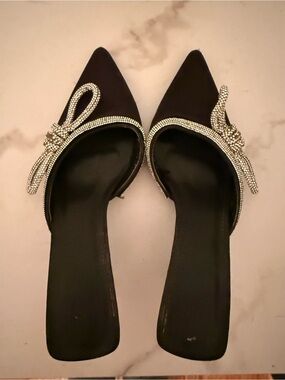 Black Satin Pointed Toe Slip-On pumps with Crystal Bow